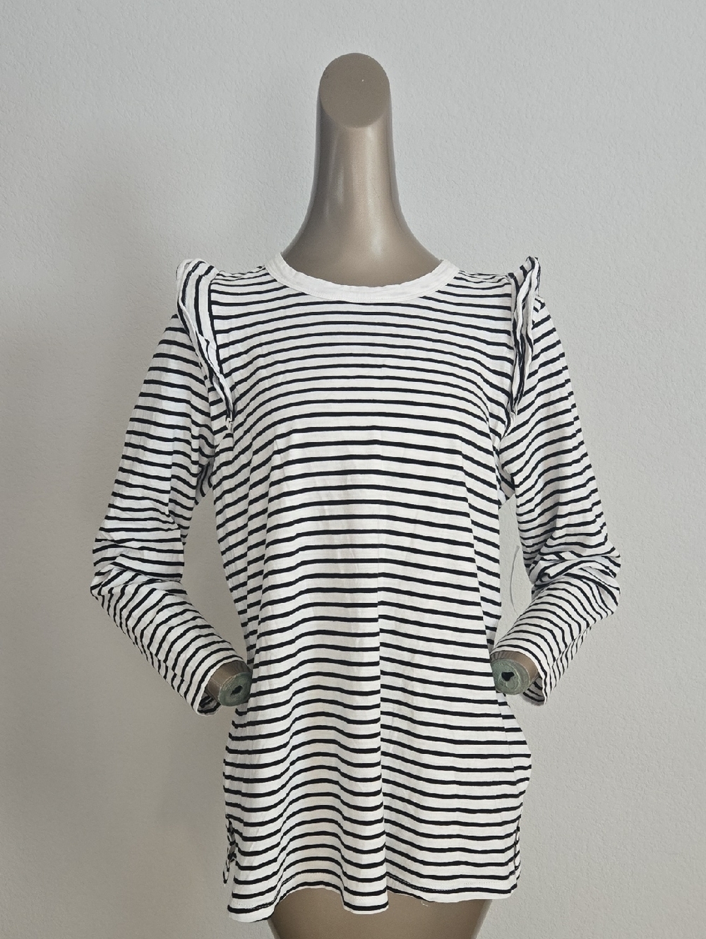 Old Navy Black and White Striped Long Sleeve Top with Ruffle Shoulders